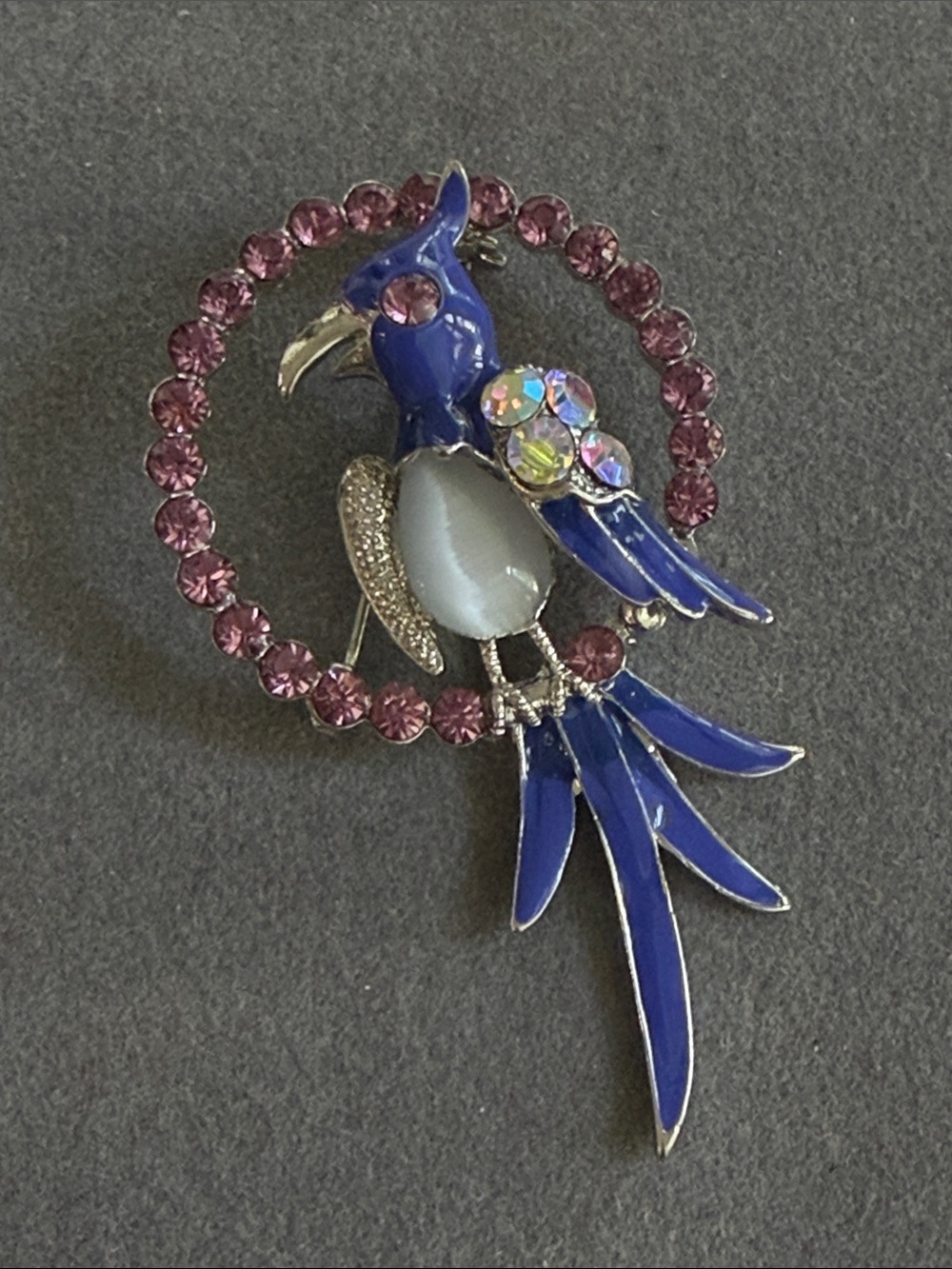 Vintage Blue Parrot Crystal Brooch Pin